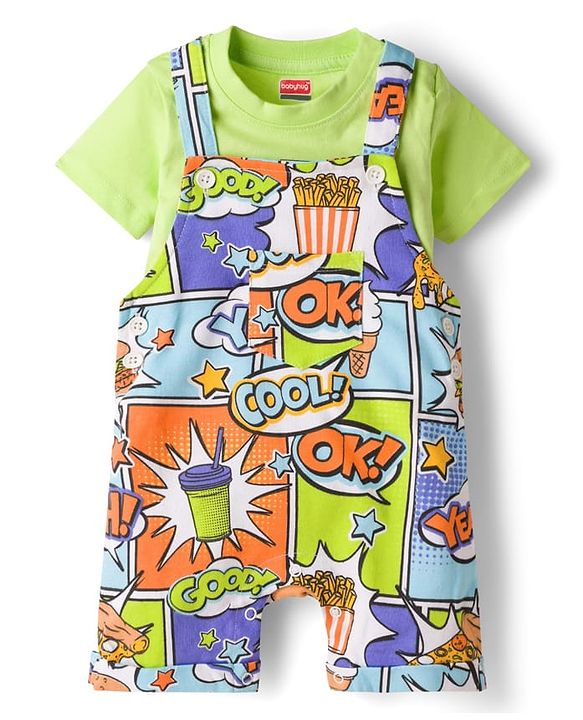 Babyhug Single Jersey Knit Half Sleeves T-Shirt & Dungaree Set with Text Print - Green