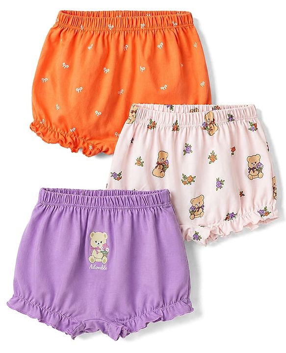 Babyhug 100% Cotton Knit Floral & Bear Printed Bloomers Pack of 3 - Peach Lilac & Orange