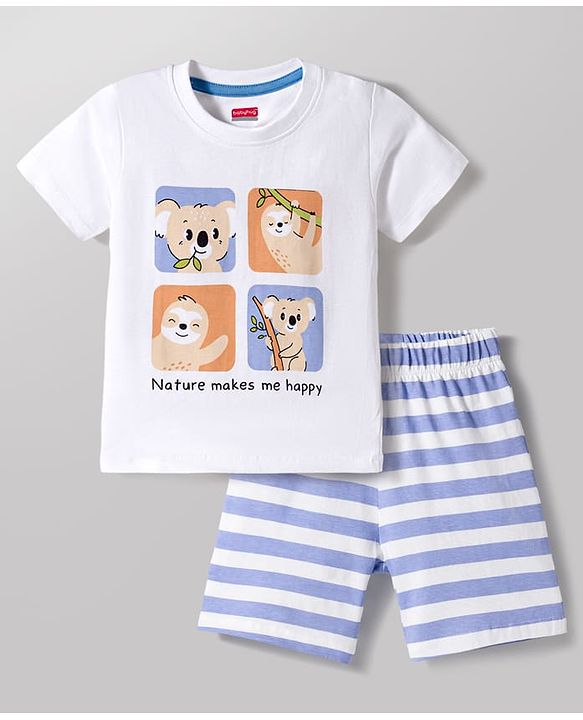 Babyhug Cotton Knit Half Sleeves T-Shirt & Shorts Night Suit With Koala & Sloth Print - White