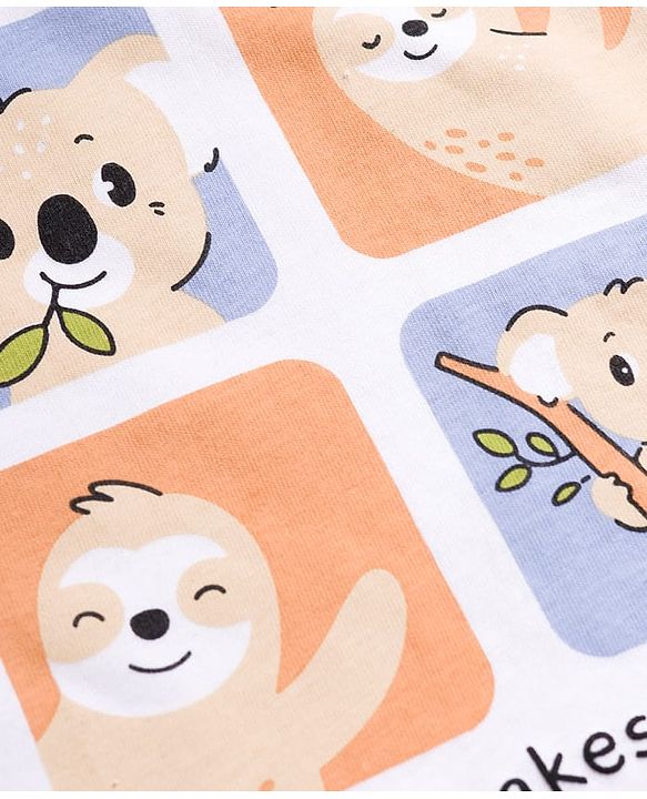 Babyhug Cotton Knit Half Sleeves T-Shirt & Shorts Night Suit With Koala & Sloth Print - White