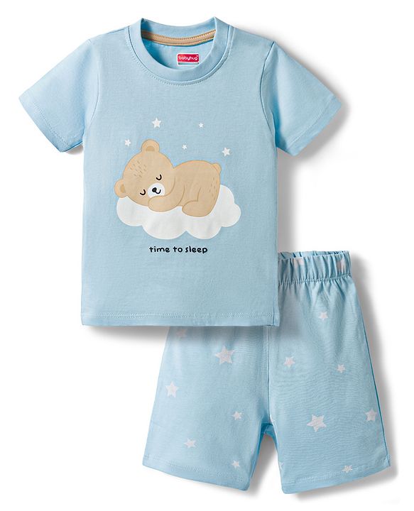 Babyhug Cotton Knit Half Sleeves T-Shirt & Shorts Night Suit With Teddy Bear Print - Light Blue