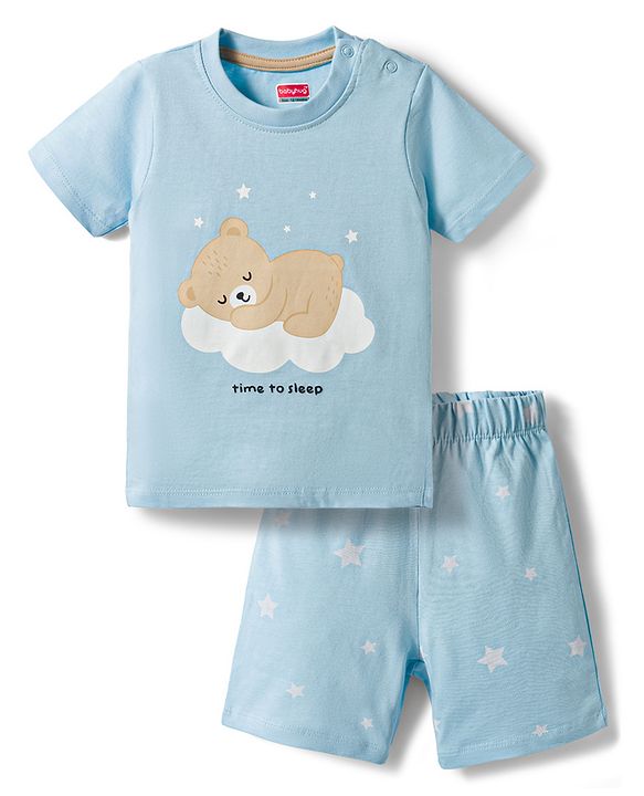 Babyhug Cotton Knit Half Sleeves T-Shirt & Shorts Night Suit With Teddy Bear Print - Light Blue