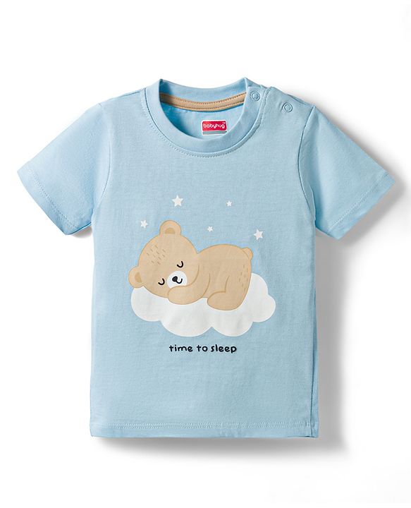 Babyhug Cotton Knit Half Sleeves T-Shirt & Shorts Night Suit With Teddy Bear Print - Light Blue