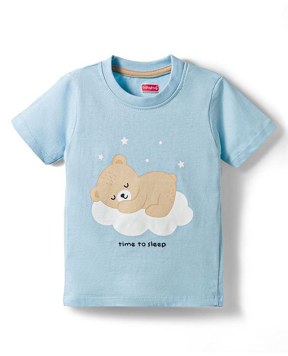 Babyhug Cotton Knit Half Sleeves T-Shirt & Shorts Night Suit With Teddy Bear Print - Light Blue