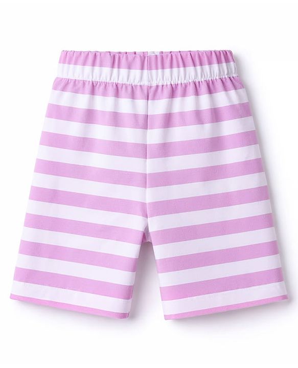Babyhug Cotton Knit Half Sleeves Text Printed & Striped T-Shirt & Shorts Night Suit - Lavender