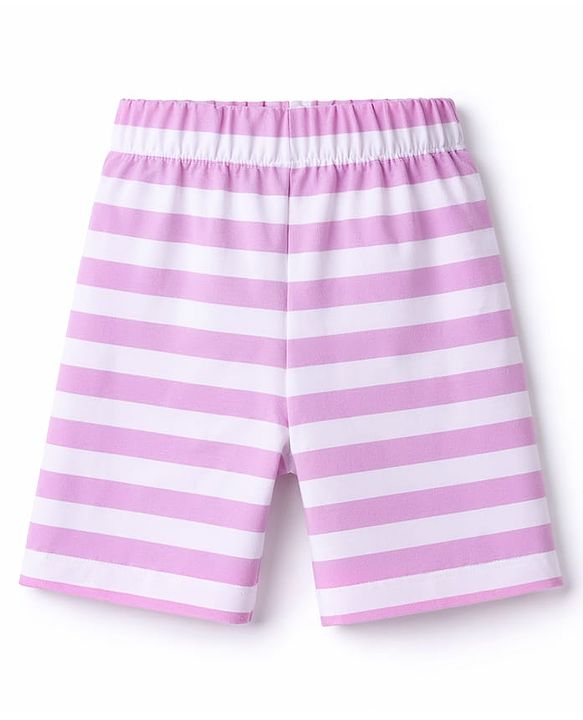 Babyhug Cotton Knit Half Sleeves Text Printed & Striped T-Shirt & Shorts Night Suit - Lavender