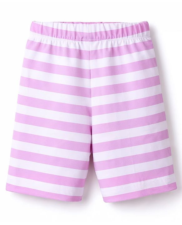 Babyhug Cotton Knit Half Sleeves Text Printed & Striped T-Shirt & Shorts Night Suit - Lavender