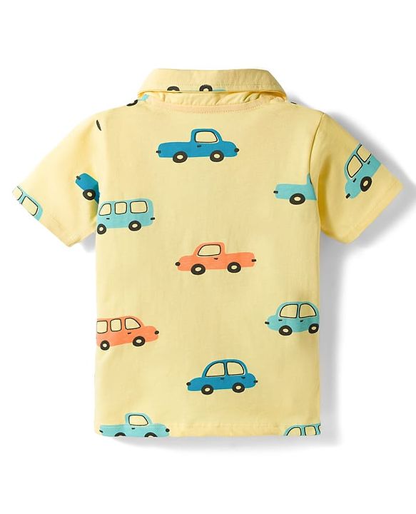 Babyhug Cotton Knit Half Sleeves Co-ords Shirt & Shorts Night Suit with Car Print - Yellow