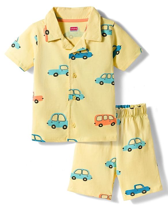 Babyhug Cotton Knit Half Sleeves Co-ords Shirt & Shorts Night Suit with Car Print - Yellow
