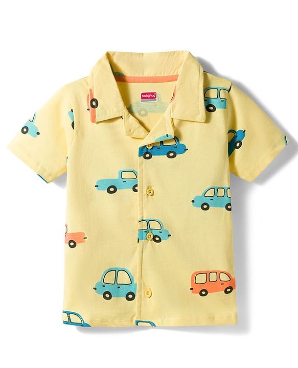 Babyhug Cotton Knit Half Sleeves Co-ords Shirt & Shorts Night Suit with Car Print - Yellow