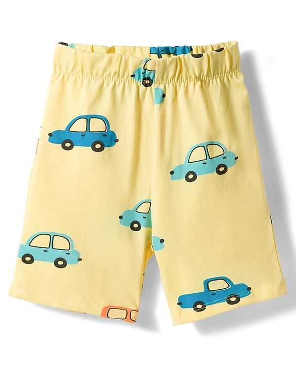 Babyhug Cotton Knit Half Sleeves Co-ords Shirt & Shorts Night Suit with Car Print - Yellow