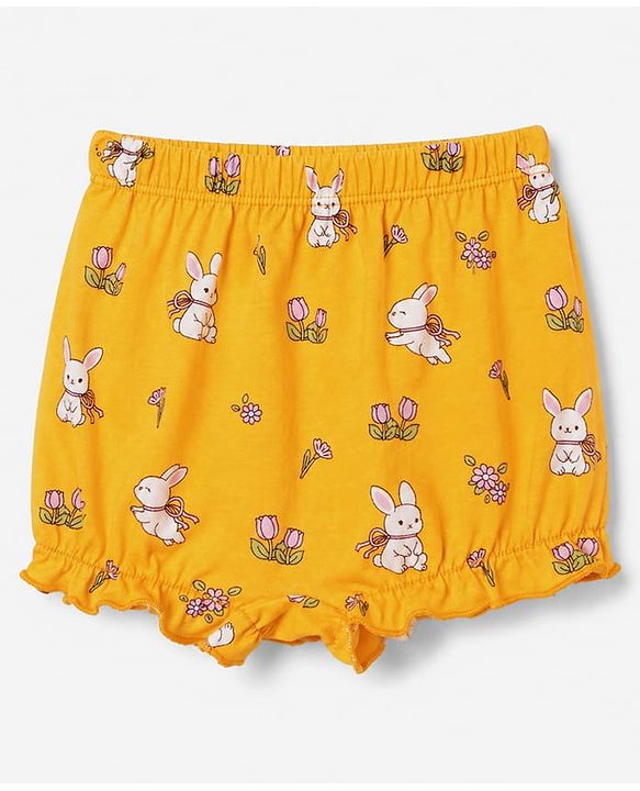 Babyhug 100% Cotton Knit Polka Dots Floral & Bunny Printed Bloomers Pack Of 3 - Pink Yellow & White