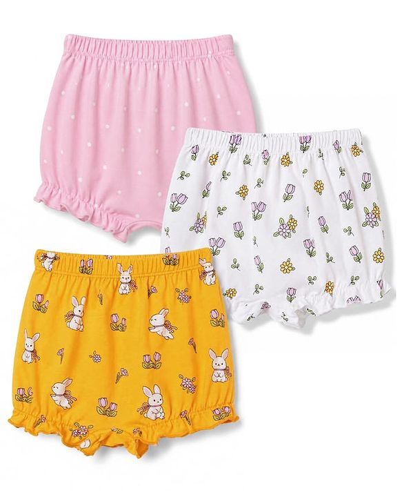 Babyhug 100% Cotton Knit Polka Dots Floral & Bunny Printed Bloomers Pack Of 3 - Pink Yellow & White