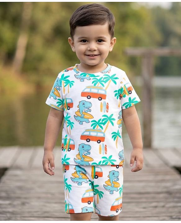 Babyhug 100% Cotton Knit Beach Theme & Dino Printed Co-Ord T-Shirt & Shorts Set - Multicolour