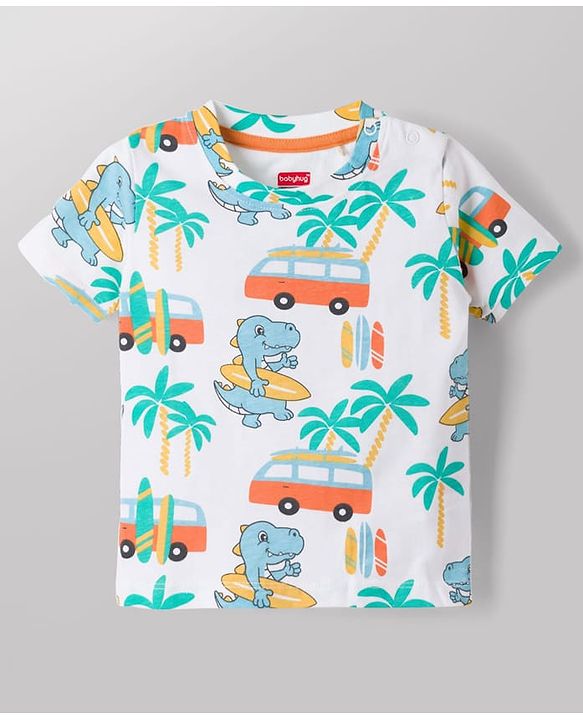 Babyhug 100% Cotton Knit Beach Theme & Dino Printed Co-Ord T-Shirt & Shorts Set - Multicolour