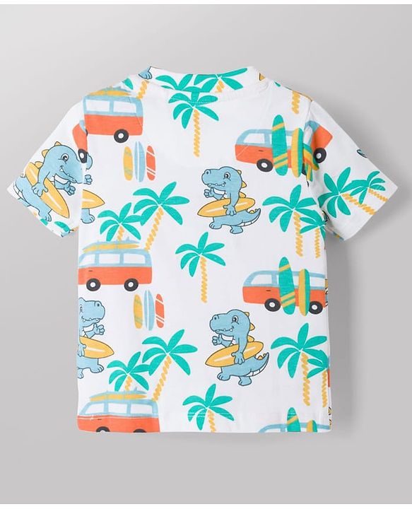 Babyhug 100% Cotton Knit Beach Theme & Dino Printed Co-Ord T-Shirt & Shorts Set - Multicolour