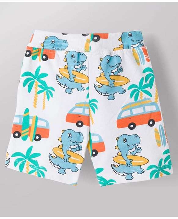 Babyhug 100% Cotton Knit Beach Theme & Dino Printed Co-Ord T-Shirt & Shorts Set - Multicolour