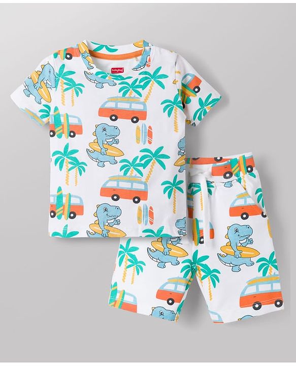Babyhug 100% Cotton Knit Beach Theme & Dino Printed Co-Ord T-Shirt & Shorts Set - Multicolour