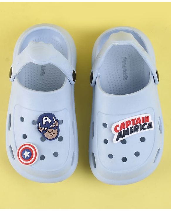 Pine Kids Marvel Back Strap Clogs With Captain America Applique - Light Blue