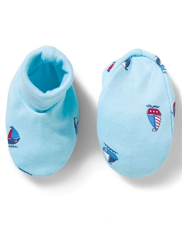 Babyhug 100% Cotton Interlock Knit Mittens & Booties With Boat Print - Blue