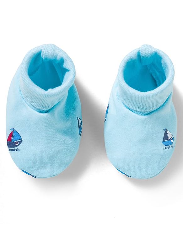 Babyhug 100% Cotton Interlock Knit Mittens & Booties With Boat Print - Blue