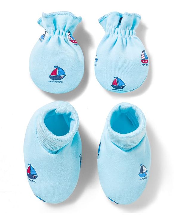Babyhug 100% Cotton Interlock Knit Mittens & Booties With Boat Print - Blue
