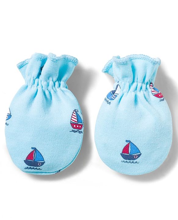 Babyhug 100% Cotton Interlock Knit Mittens & Booties With Boat Print - Blue