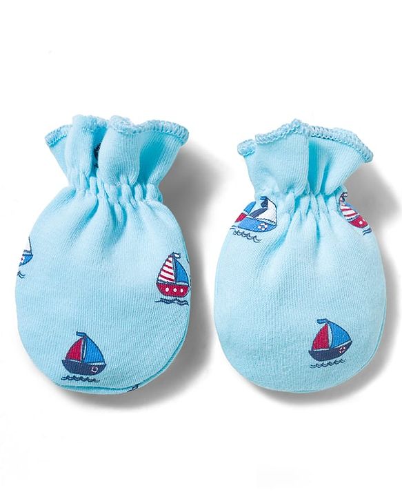 Babyhug 100% Cotton Interlock Knit Mittens & Booties With Boat Print - Blue