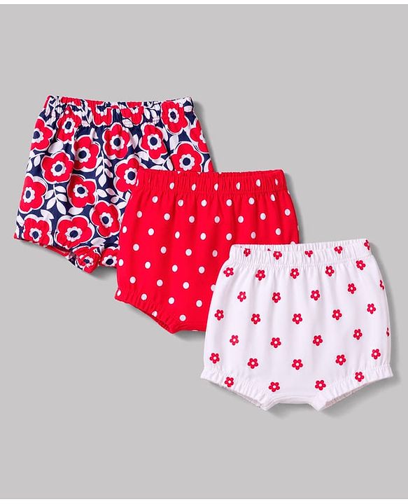 Babyhug 100% Cotton Single Jersey Knit Bloomers With Dot and Floral Print Pack of 3 -Pink,White,Red