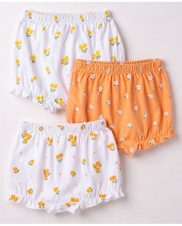Babyhug 100% Cotton Knit Floral & Tropical Theme Printed Bloomers Pack Of 3 - Orange & White