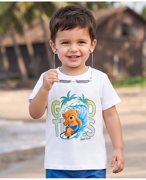 Babyhug Cotton Knit Half Sleeves T-Shirt with Bear Print - White