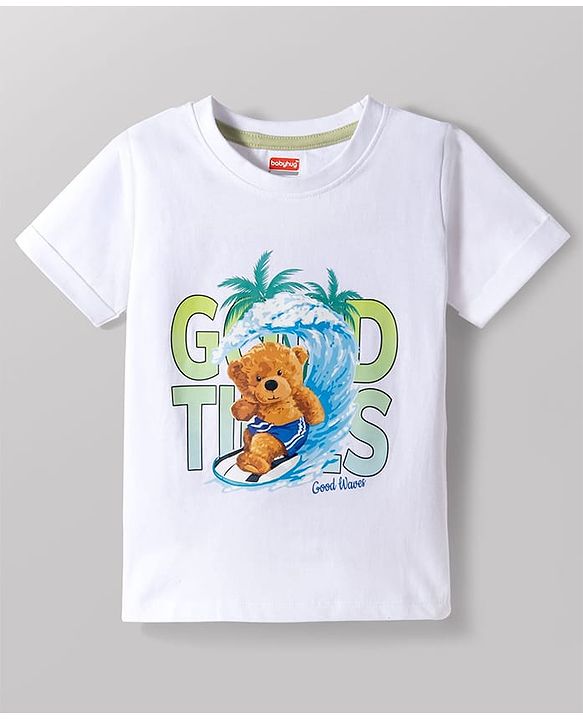 Babyhug Cotton Knit Half Sleeves T-Shirt with Bear Print - White