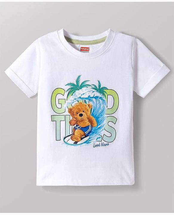 Babyhug Cotton Knit Half Sleeves T-Shirt with Bear Print - White