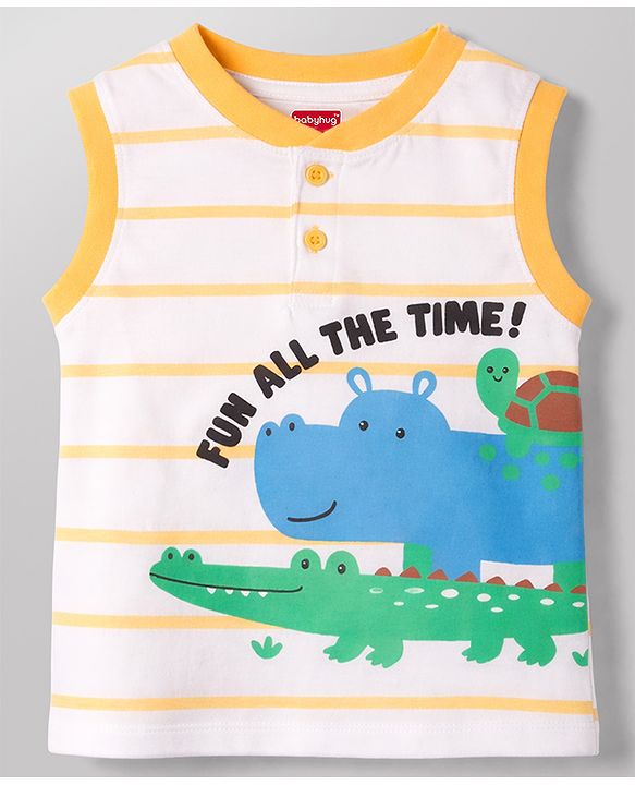 Babyhug Cotton Knit T-Shirt Sleeveless Striped with Graphics Multi Color 6-9 Months