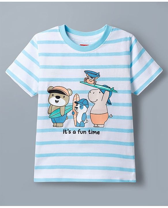 Babyhug Cotton Knit T-Shirt Half Sleeves Striped with Graphics Multi Color 6-9 Months
