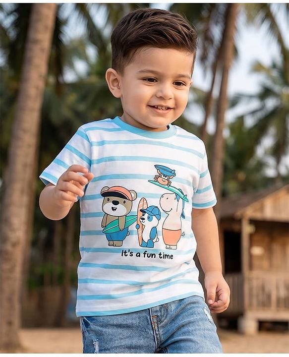 Babyhug Cotton Knit T-Shirt Half Sleeves Striped with Graphics Multi Color 6-9 Months