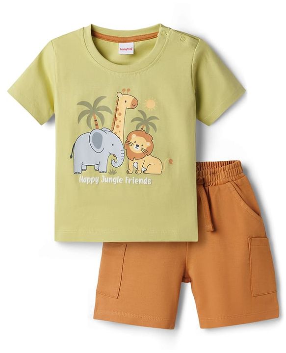 Babyhug Single Jersey Knit Half Sleeves T-Shirt & Shorts Set with Jungle Theme Print - Green & Brown
