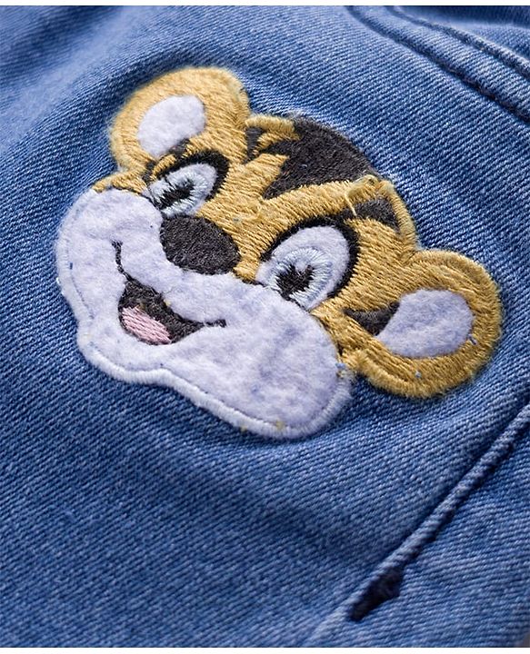 Babyhug Mid Thigh Denim Shorts with Tiger Print & Stretch - Blue