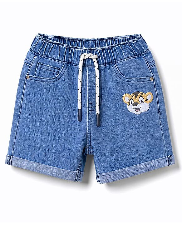 Babyhug Mid Thigh Denim Shorts with Tiger Print & Stretch - Blue