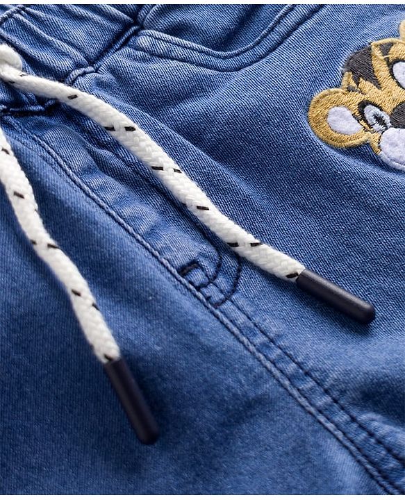 Babyhug Mid Thigh Denim Shorts with Tiger Print & Stretch - Blue