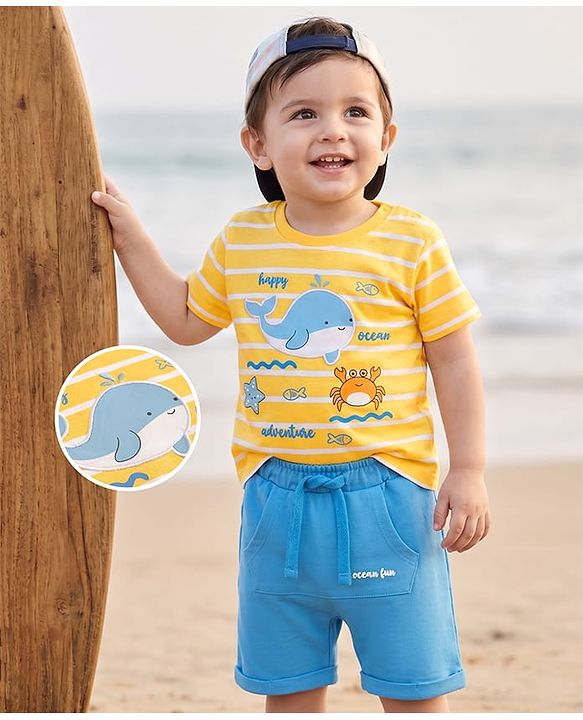 Babyhug Single Jersey Knit Half Sleeves Striped T-Shirt & Shorts Set with Sea Life Print & Patch - Blue & Yellow