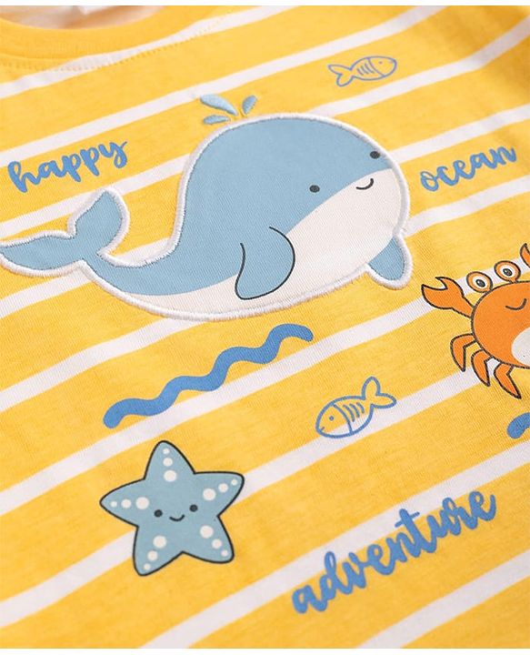 Babyhug Single Jersey Knit Half Sleeves Striped T-Shirt & Shorts Set with Sea Life Print & Patch - Blue & Yellow