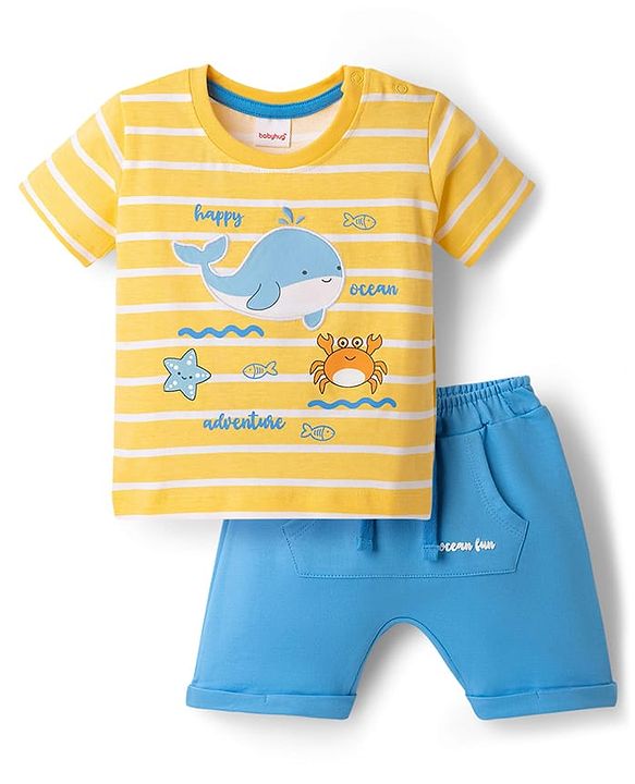 Babyhug Single Jersey Knit Half Sleeves Striped T-Shirt & Shorts Set with Sea Life Print & Patch - Blue & Yellow