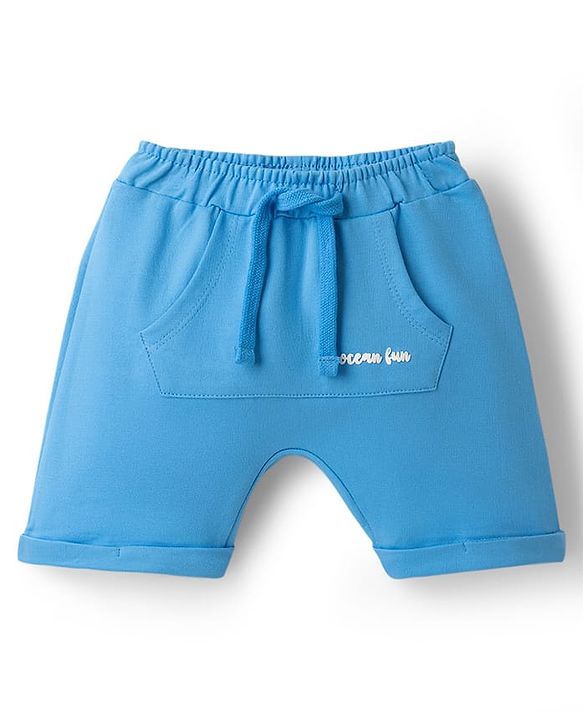 Babyhug Single Jersey Knit Half Sleeves Striped T-Shirt & Shorts Set with Sea Life Print & Patch - Blue & Yellow