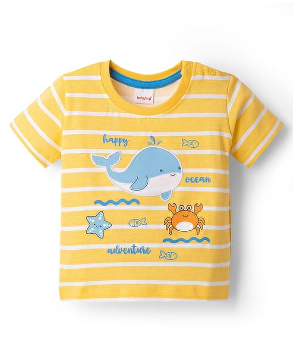 Babyhug Single Jersey Knit Half Sleeves Striped T-Shirt & Shorts Set with Sea Life Print & Patch - Blue & Yellow