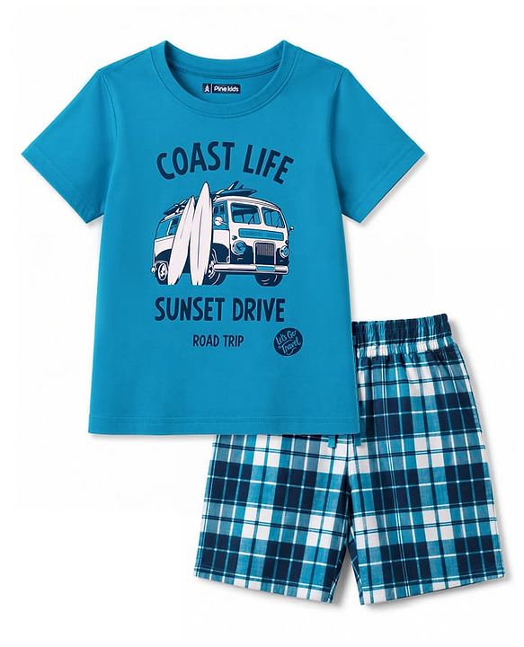 Pine Kids Cotton Knit Half Sleeves Beach Theme Printed & Checked T-Shirt & Shorts Night Suit - Blue