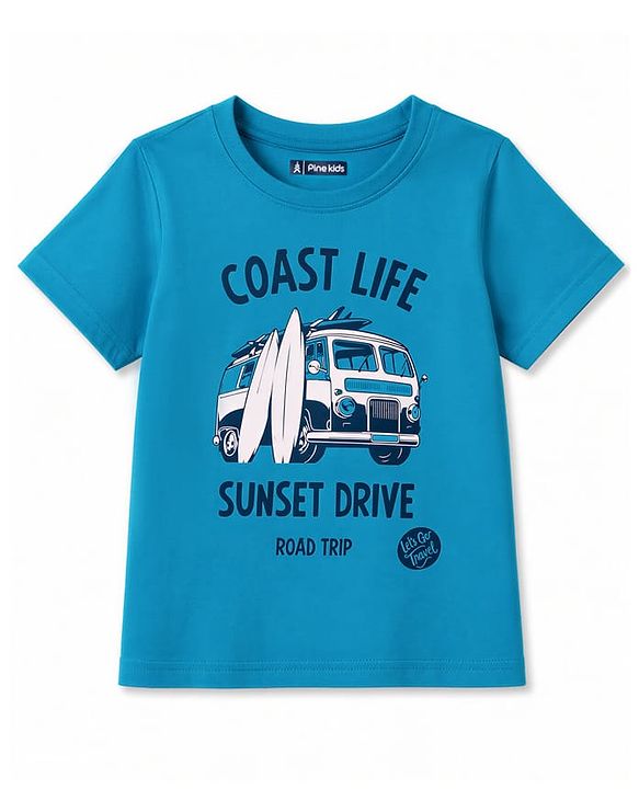 Pine Kids Cotton Knit Half Sleeves Beach Theme Printed & Checked T-Shirt & Shorts Night Suit - Blue