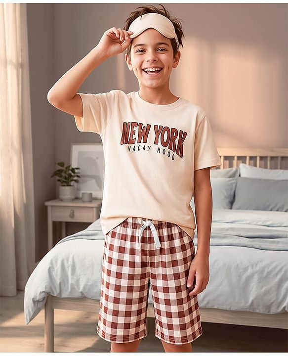 Pine Kids 100% Cotton Knit Half Sleeves Text Printed T-Shirt & Shorts Night Suit With Checks - Cream