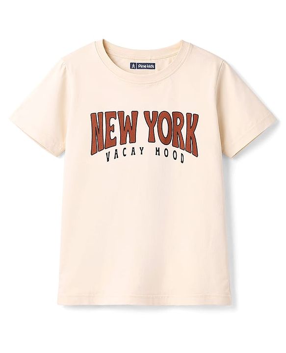 Pine Kids 100% Cotton Knit Half Sleeves Text Printed T-Shirt & Shorts Night Suit With Checks - Cream