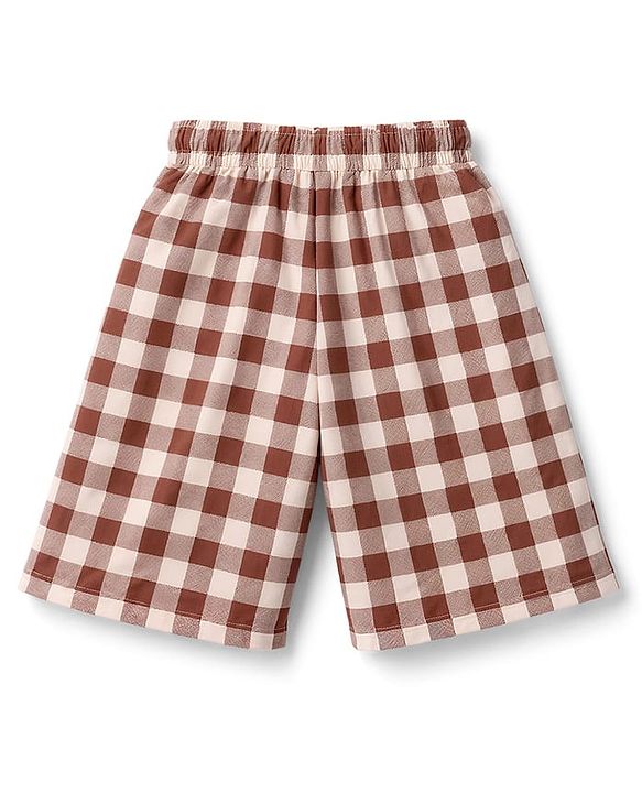 Pine Kids 100% Cotton Knit Half Sleeves Text Printed T-Shirt & Shorts Night Suit With Checks - Cream